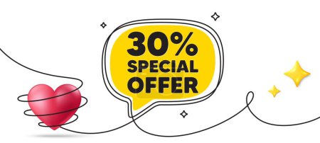 Illustration for 30 percent discount offer tag. Continuous line art banner. Sale price promo sign. Special offer symbol. Discount speech bubble background. Wrapped 3d heart icon. Vector - Royalty Free Image