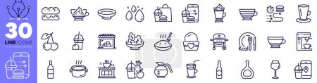 Illustration for Food app, Cocktail and Salad line icons pack. Dish, Ice cream, Cappuccino web icon. Juice, Food delivery, Wine bottle pictogram. Teacup, Cherry, Dry cappuccino. Gas grill, Market, Water drop. Vector - Royalty Free Image