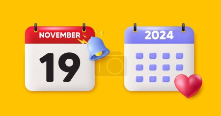 Illustration for Calendar date 3d icon. 19th day of the month icon. Event schedule date. Meeting appointment time. 19th day of November month. Calendar event reminder date. Vector - Royalty Free Image