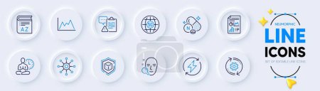 Illustration for Multichannel, Diagram and Report document line icons for web app. Pack of Cogwheel, 5g internet, Vitamin n pictogram icons. Clipboard, Renewable power, Vocabulary signs. Dice. Vector - Royalty Free Image