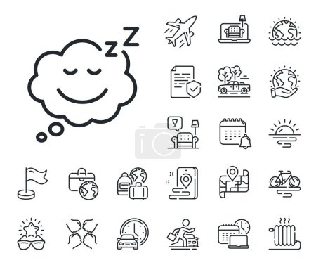 Illustration for Night rest sign. Plane jet, travel map and baggage claim outline icons. Sleep line icon. Comic speech bubble with smile symbol. Sleep line sign. Car rental, taxi transport icon. Place location. Vector - Royalty Free Image