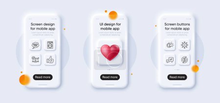 Illustration for Washing machine, Refresh bitcoin and Approve line icons pack. 3d phone mockups with heart. Glass smartphone screen. Quick tips, Online access, Like hand web icon. Paint brush, Ethics pictogram. Vector - Royalty Free Image