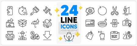 Illustration for Icons set of Copper mineral, Paint roller and Winner line icons pack for app with Touchscreen gesture, Brush, Open box thin outline icon. Hourglass, Augmented reality, Toilet paper pictogram. Vector - Royalty Free Image