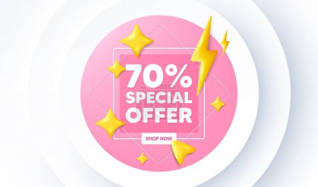 Illustration for 70 percent discount offer tag. Neumorphic promotion banner. Sale price promo sign. Special offer symbol. Discount message. 3d stars with energy thunderbolt. Vector - Royalty Free Image