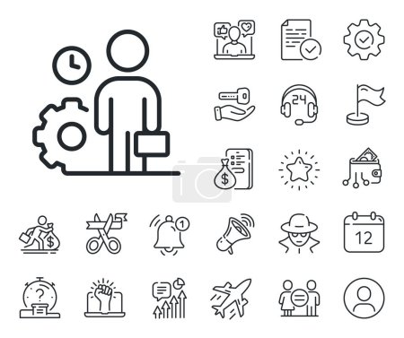 Illustration for Work project sign. Salaryman, gender equality and alert bell outline icons. Employee line icon. Job service symbol. Employee line sign. Spy or profile placeholder icon. Online support, strike. Vector - Royalty Free Image
