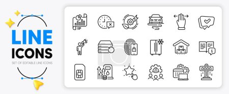 Illustration for Brand ambassador, Route and Fuel price line icons set for app include Green energy, Recovery server, Multitasking gesture outline thin icon. Storage, Time, Manual pictogram icon. Vector - Royalty Free Image