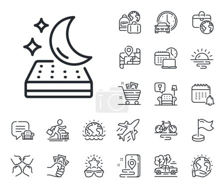 Illustration for Night sleep bed rest sign. Plane jet, travel map and baggage claim outline icons. Mattress line icon. Moon symbol. Mattress line sign. Car rental, taxi transport icon. Place location. Vector - Royalty Free Image
