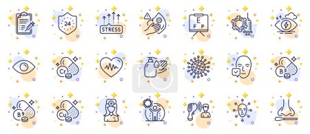 Illustration for Outline set of Vision board, Pantothenic acid and Folate vitamin line icons for web app. Include Coronavirus vaccine, Stress, Face accepted pictogram icons. Stress grows, Face biometrics. Vector - Royalty Free Image