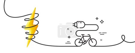 Téléchargez les illustrations : Icône de ligne de vélo électrique. Continu une ligne avec boucle. Panneau de transport de vélo motorisé. Chargez le symbole ebike. Ruban de contour simple vélo électrique. Courbe de boucle avec énergie. Vecteur - en licence libre de droit