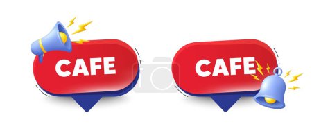 Illustration for Cafe tag. Speech bubbles with 3d bell, megaphone. Cheap eatery or diner sign. Coffeehouse icon. Cafe chat speech message. Red offer talk box. Vector - Royalty Free Image