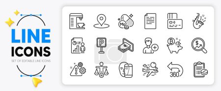 Illustration for 360 degrees, Coffee machine and Business report line icons set for app include Jazz, Document, Medical prescription outline thin icon. Search flight, Card, Cash pictogram icon. Pin. Vector - Royalty Free Image