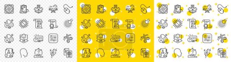 Illustration for Outline Computer fan, Head and Drone line icons pack for web with Vitamin a, Targeting, Quiz line icon. Algorithm, Prescription drugs, Scissors pictogram icon. Lightning bolt. Vector - Royalty Free Image