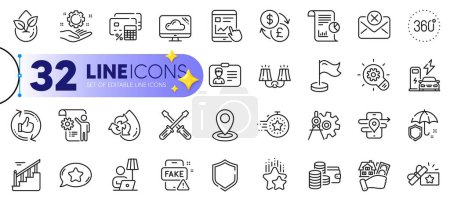Illustration for Outline set of Fake news, Reject mail and Identification card line icons for web with Internet report, Stairs, Loyalty gift thin icon. Cloud storage, Floor lamp, Location pictogram icon. Vector - Royalty Free Image