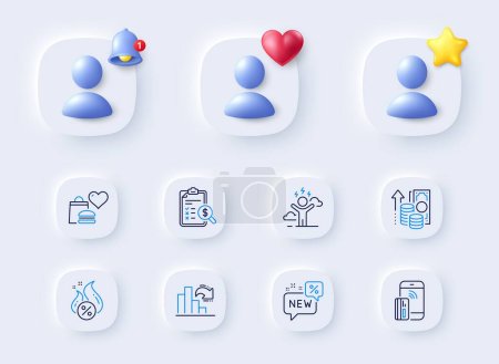 Illustration for Food donation, Inflation and Decreasing graph line icons. Placeholder with 3d bell, star, heart. Pack of New, Difficult stress, Accounting report icon. Hot loan, Contactless payment pictogram. Vector - Royalty Free Image