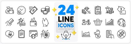 Illustration for Icons set of Auction hammer, Trade chart and Stress line icons pack for app with Money tax, Rejected payment, Wallet thin outline icon. Wallet money, Global business, Clipboard pictogram. Vector - Royalty Free Image