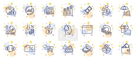 Illustration for Outline set of Atm money, Fuel price and Graph chart line icons for web app. Include Gift card, Deflation, Discount banner pictogram icons. Currency exchange, Bribe, Calendar signs. Vector - Royalty Free Image
