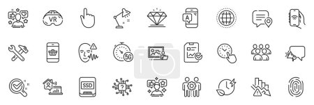 Illustration for Icons pack as Chat bubble, Influence and Fingerprint line icons for app include Chemistry lab, Diamond, Ssd outline thin icon web set. Ab testing, Vr, Work home pictogram. Group. Vector - Royalty Free Image
