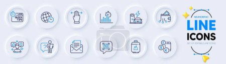 Illustration for Qr code, Gas cylinder and Currency rate line icons for web app. Pack of Search employee, Charging station, Quick tips pictogram icons. Digital wallet, Multitasking gesture, Time zone signs. Vector - Royalty Free Image