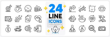 Illustration for Icons set of Target goal, 360 degrees and Smile line icons pack for app with Genders, Inspect, Return parcel thin outline icon. Chemistry lab, Money loss, Person info pictogram. Food app. Vector - Royalty Free Image