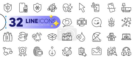 Illustration for Outline set of Yummy smile, Magic wand and Teamwork chart line icons for web with Water bottles, Ranking star, Vitamin h1 thin icon. Copyright protection, Heart, Scroll down pictogram icon. Vector - Royalty Free Image