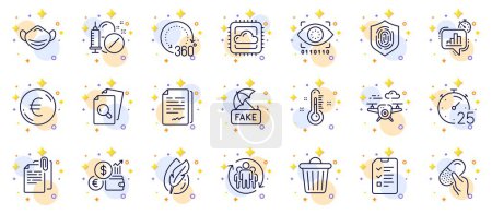 Illustration for Outline set of Fake news, Interview and Euro money line icons for web app. Include Document attachment, Currency rate, Statistics timer pictogram icons. Cloud computing, Drone. Vector - Royalty Free Image