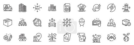 Illustration for Icons pack as Diesel station, Windmill and Inspect line icons for app include Delivery timer, Skyscraper buildings, Co2 gas outline thin icon web set. Brush, Save planet, Solar panel pictogram. Vector - Royalty Free Image