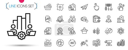 Illustration for Pack of Family questions, Cardio training and Food delivery line icons. Include Hold heart, Paper plane, Bed bugs pictogram icons. Discount medal, Atom, Loyalty card signs. Judge hammer. Vector - Royalty Free Image