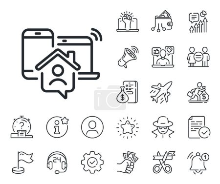 Illustration for Freelance job sign. Salaryman, gender equality and alert bell outline icons. Work at home line icon. Remote office employee symbol. Work home line sign. Spy or profile placeholder icon. Vector - Royalty Free Image