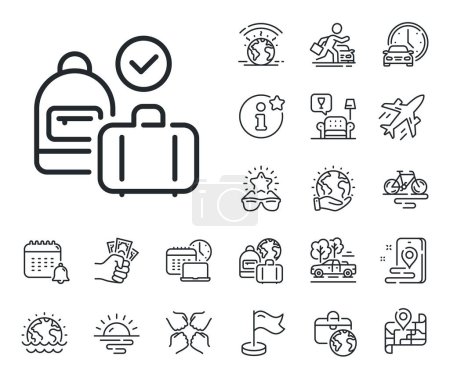 Illustration for Travel handbag sign. Plane jet, travel map and baggage claim outline icons. Carry-on baggage line icon. Allowed luggage bag symbol. Carry-on baggage line sign. Car rental, taxi transport icon. Vector - Royalty Free Image