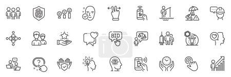Illustration for Icons pack as Romantic talk, Fingerprint and Couple line icons for app include Medical vaccination, Cursor, Teamwork outline thin icon web set. Question button, Idea, Phone payment pictogram. Vector - Royalty Free Image