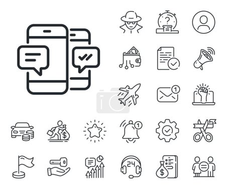 Illustration for Mobile chat sign. Salaryman, gender equality and alert bell outline icons. Phone Message line icon. Conversation or SMS symbol. Smartphone SMS line sign. Spy or profile placeholder icon. Vector - Royalty Free Image
