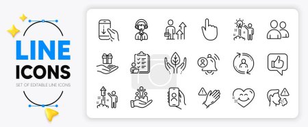 Illustration for Smile face, Use gloves and Hand click line icons set for app include Loyalty program, Cough, Users outline thin icon. Fireworks, Fair trade, User notification pictogram icon. User call. Vector - Royalty Free Image