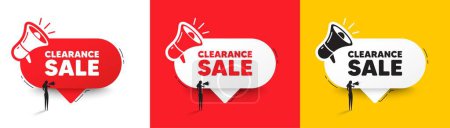 Illustration for Clearance sale tag. Speech bubble with megaphone and woman silhouette. Special offer price sign. Advertising discounts symbol. Clearance sale chat speech message. Woman with megaphone. Vector - Royalty Free Image