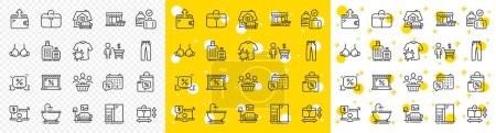 Illustration for Outline Handbag size, Handbag and Carry-on baggage line icons pack for web with Wallet, Sale bags, Furniture line icon. Buyer, Buyers, Discounts calendar pictogram icon. Online shopping. Vector - Royalty Free Image