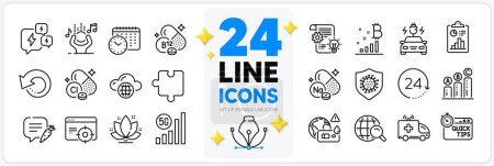 Illustration for Icons set of Report, Cobalamin vitamin and Graph chart line icons pack for app with Internet search, Ambulance car, Coronavirus thin outline icon. Chlorine mineral, Quick tips, Lotus pictogram. Vector - Royalty Free Image