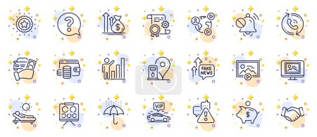 Illustration for Outline set of Photo thumbnail, Mute sound and Question mark line icons for web app. Include Start presentation, Vision board, Warning pictogram icons. Construction document, Handshake. Vector - Royalty Free Image