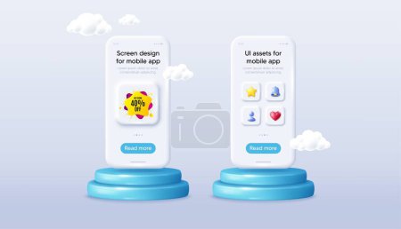 Illustration for 40 percent sale liquid shape sticker. Phone mockup on podium. Product offer 3d pedestal. Discount banner. Sale coupon icon. Background with 3d clouds. Sale shape promotion message. Vector - Royalty Free Image