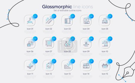 Illustration for Set of Inventory checklist, Open door and Floor plan line icons for web app. Square area, Lighthouse, Eco power icons. Inspect, Stairs, Electricity price signs. Wholesale inventory. Vector - Royalty Free Image