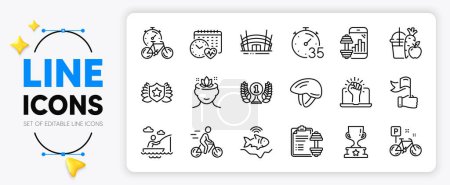 Illustration for Bicycle helmet, Yoga mind and Laureate award line icons set for app include Fishfinder, Bike, Winner cup outline thin icon. Fitness app, Cardio calendar, Juice pictogram icon. Bike timer. Vector - Royalty Free Image