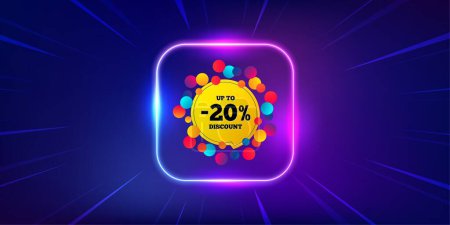 Illustration for Sale 20 percent off banner. Neon light frame offer banner. Discount sticker shape. Coupon bubble icon. Sale 20 percent promo event flyer, poster. Sunburst neon coupon. Flash special deal. Vector - Royalty Free Image