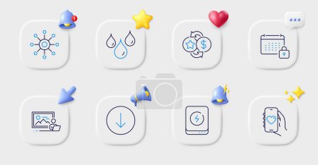Illustration for Loyalty points, Dating app and Multichannel line icons. Buttons with 3d bell, chat speech, cursor. Pack of Calendar, Waterproof, Photo studio icon. Scroll down, Power bank pictogram. Vector - Royalty Free Image