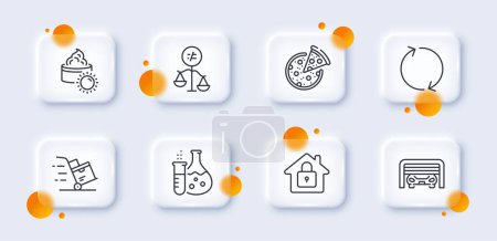 Illustration for Chemistry flask, Delivery cart and Refresh line icons pack. 3d glass buttons with blurred circles. Parking garage, Sun cream, Pizza web icon. Lock, Discrimination pictogram. Vector - Royalty Free Image