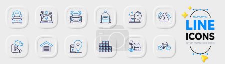 Illustration for Car service, Charging station and Parking garage line icons for web app. Pack of Parking security, Bicycle, Airplane travel pictogram icons. Wholesale inventory, Delivery online, Warning signs. Vector - Royalty Free Image