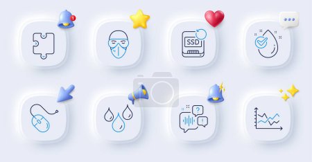 Illustration for Diagram chart, Computer mouse and Water drop line icons. Buttons with 3d bell, chat speech, cursor. Pack of Waterproof, Recovery ssd, Medical mask icon. Puzzle, Voicemail pictogram. Vector - Royalty Free Image