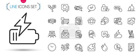 Illustration for Pack of Approved, Search car and Credit card line icons. Include Team work, Time, Buy currency pictogram icons. Hydroelectricity, Mail correspondence, Chemistry pipette signs. Vector - Royalty Free Image