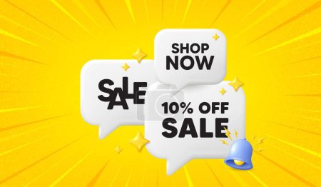 Illustration for Sale 10 percent off discount. 3d offer chat speech bubbles. Promotion price offer sign. Retail badge symbol. Sale speech bubble 3d message. Talk box banner with bell. Vector - Royalty Free Image
