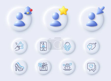 Illustration for Male female, Ice cream and Heart line icons. Placeholder with 3d cursor, bell, star. Pack of Travel loan, Crane claw machine, Search puzzle icon. Honeymoon cruise, Shoes pictogram. Vector - Royalty Free Image