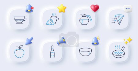 Illustration for Beer bottle, Grill pan and Coffeepot line icons. Buttons with 3d bell, chat speech, cursor. Pack of Bombon coffee, Apple, Food delivery icon. Bowl dish, Coffee break pictogram. Vector - Royalty Free Image