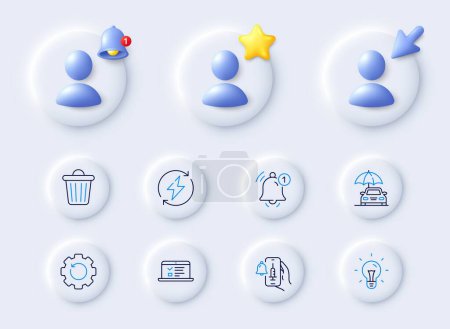 Illustration for Renewable power, Idea and Trash bin line icons. Placeholder with 3d cursor, bell, star. Pack of Recovery gear, Car insurance, Reminder icon. Vaccine announcement, Web lectures pictogram. Vector - Royalty Free Image