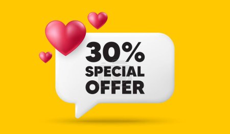 Illustration for 30 percent discount offer tag. 3d speech bubble banner with hearts. Sale price promo sign. Special offer symbol. Discount chat speech message. 3d offer talk box. Vector - Royalty Free Image